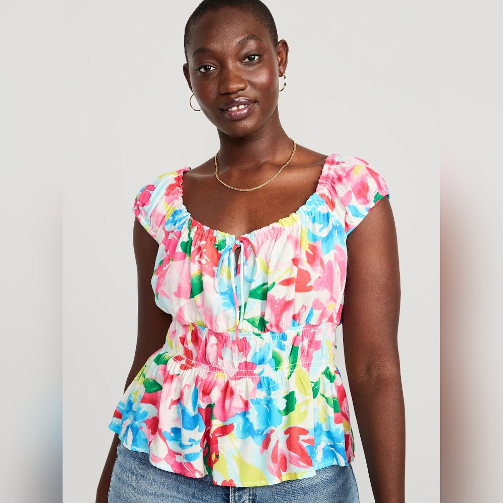 Fitted Cap-Sleeve Smocked Crepe Top